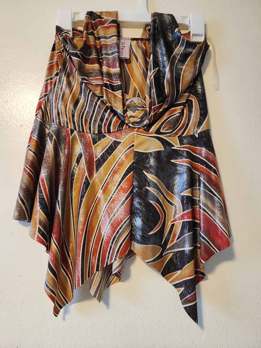 Abstract Print Hanky Hem Skirt in Black, Rust & Gold